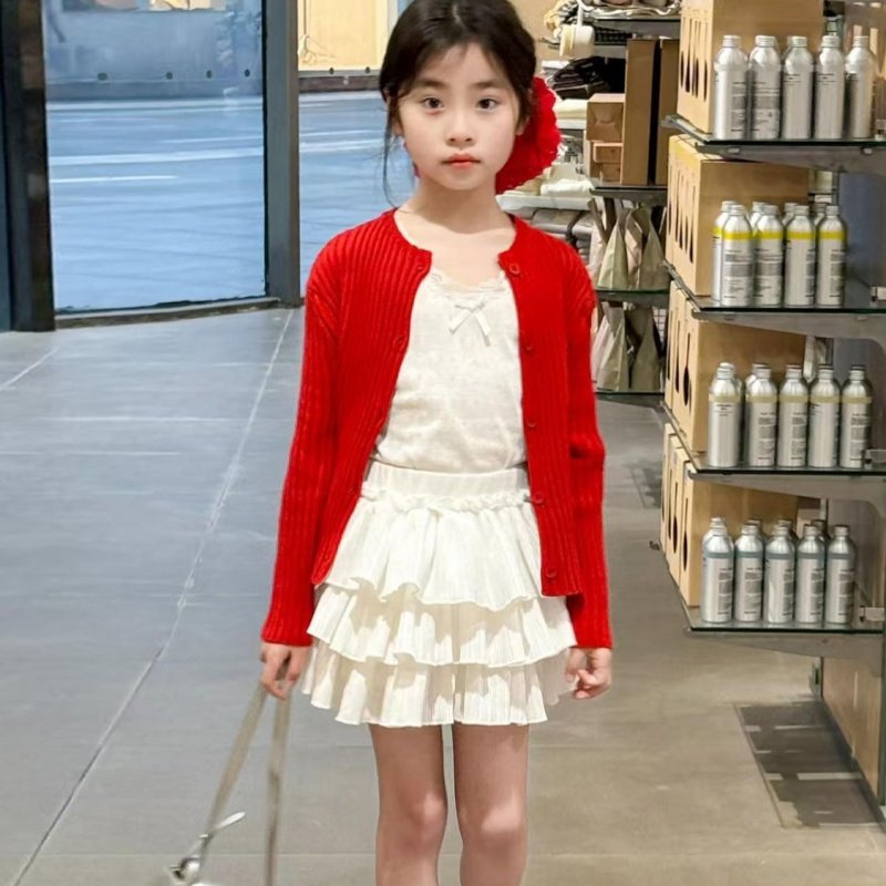 韩版女童夏季白色蕾丝背心蛋糕裙两件套女孩春季红色坑条针织开衫