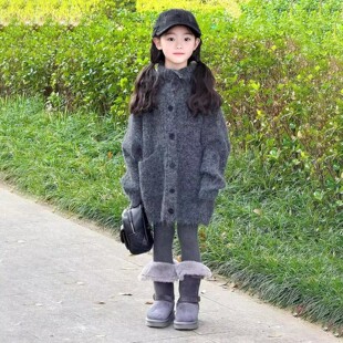 韩版女童2025秋冬新款慵懒风深灰色毛衣开衫小女孩中长款加厚外套