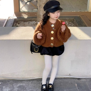 韩国童装2025秋冬新款纯色灯笼袖针织开衫女童毛衣外套黑色花苞裤