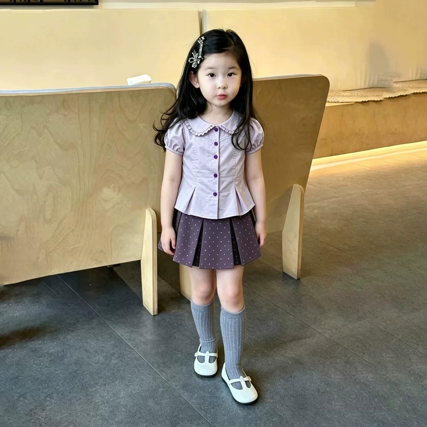 女童夏季紫色娃娃领泡泡袖衬衫