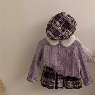 韩版女童2025冬季新款小香风紫色毛领加厚毛衣小女孩格纹百褶半裙