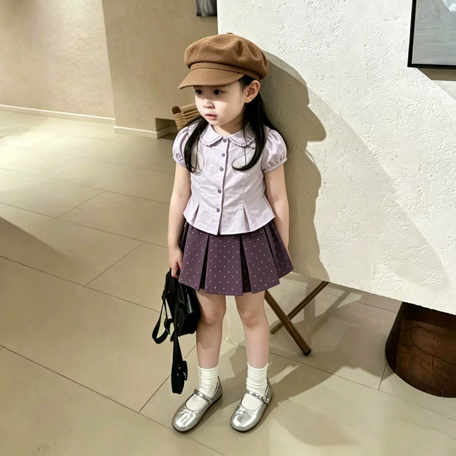 韩系2026夏季新款学院风女童超短泡泡袖收腰衬衫波点百褶裙两件套