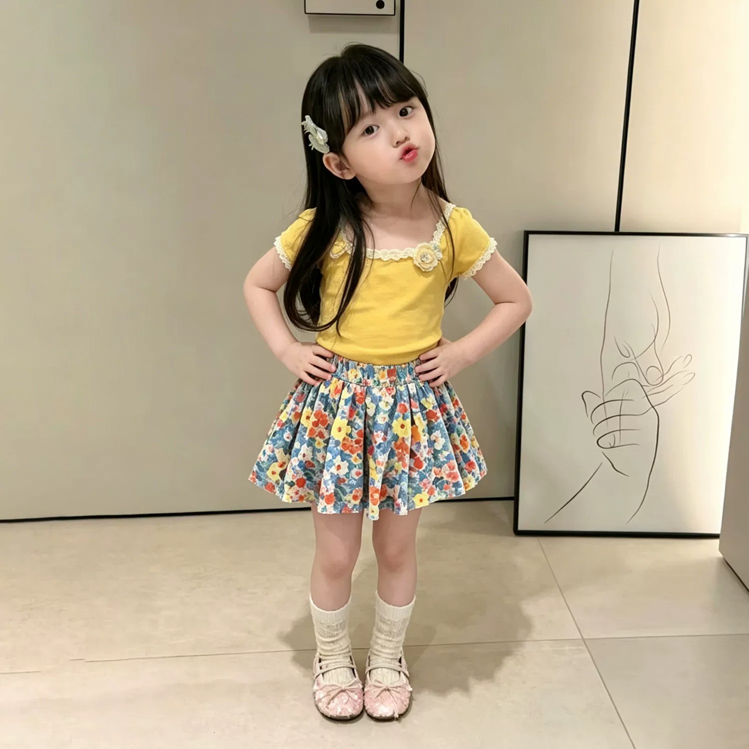 韩系女童夏季黄色蕾丝花边领短袖