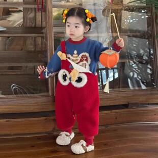韩版女童冬季新年红色舞狮羊羔绒背带裤儿童加厚连身裤蓝色毛衣潮