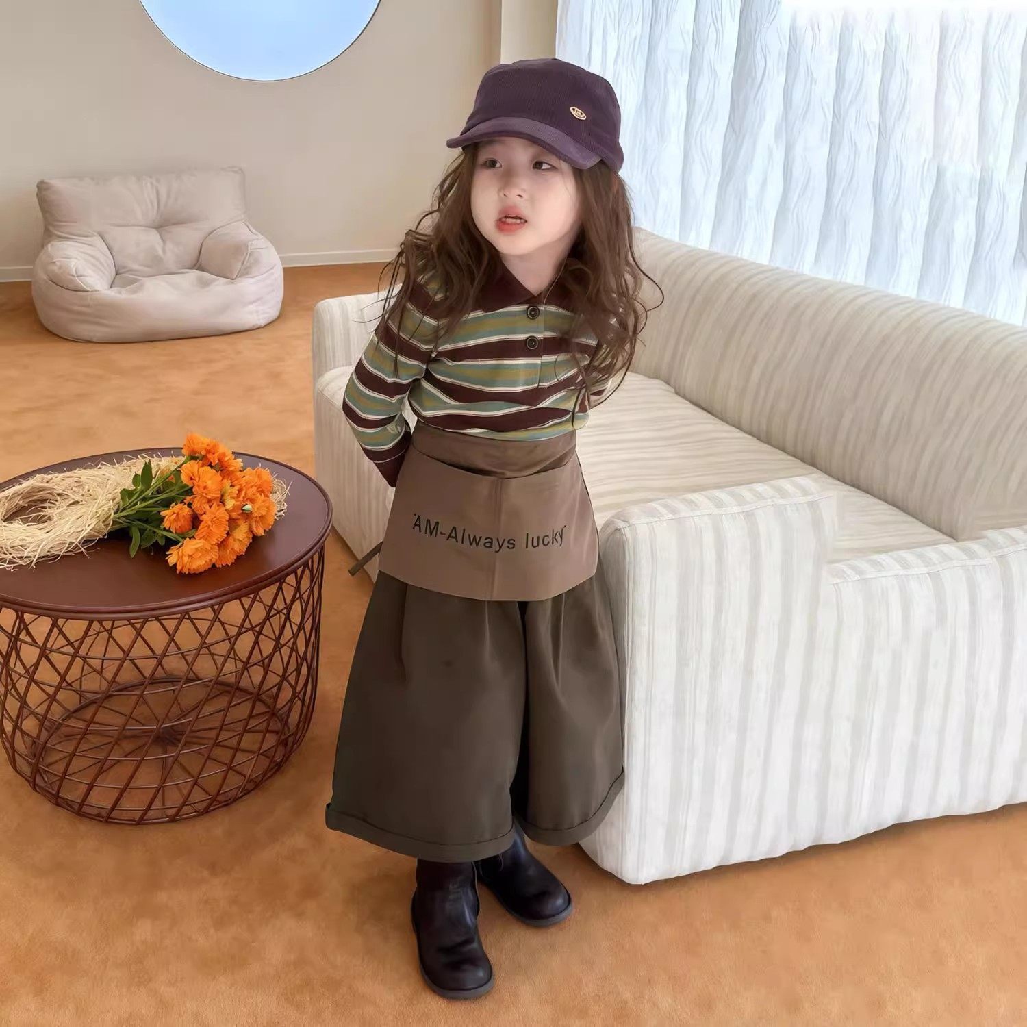 韩版女童2025秋季新款复古条纹Polo领长袖T恤女孩军绿屁帘阔腿裤,童装/婴儿装/亲子装,套装,淘宝优惠券,粉丝福利购,淘宝优惠卷