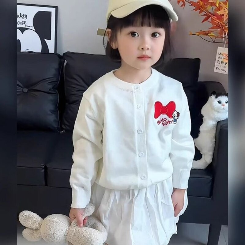韩版女童2026春季新款可爱小猫刺绣开衫小外套女孩白色半身裙套装