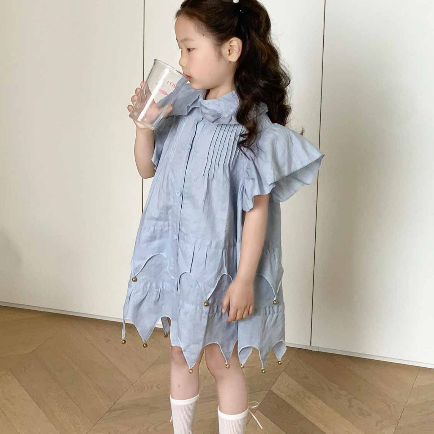 韩版女童蓝色小飞袖衬衫连衣裙
