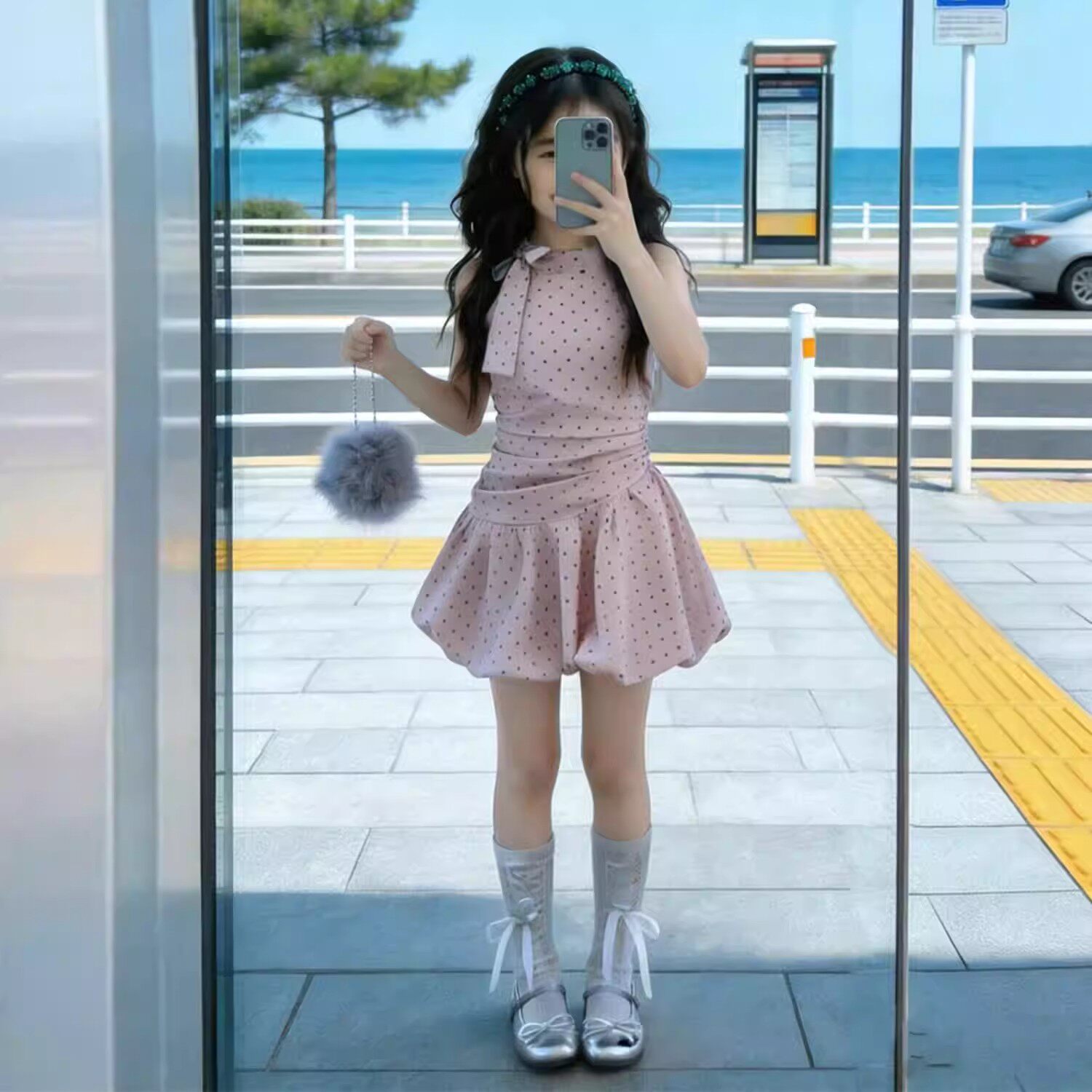韩版女童夏季粉色波点挂脖背心裙