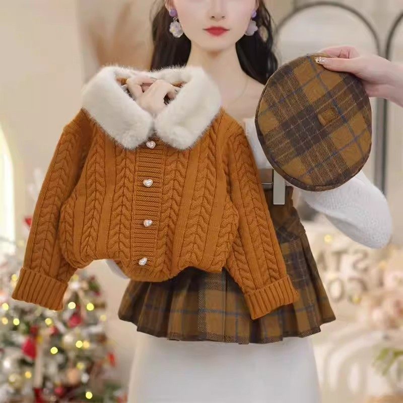 韩版女童2025冬季新款复古麻花毛领加厚毛衣小女孩格纹百褶半身裙,童装/婴儿装/亲子装,套装,淘宝优惠券,粉丝福利购,淘宝优惠卷