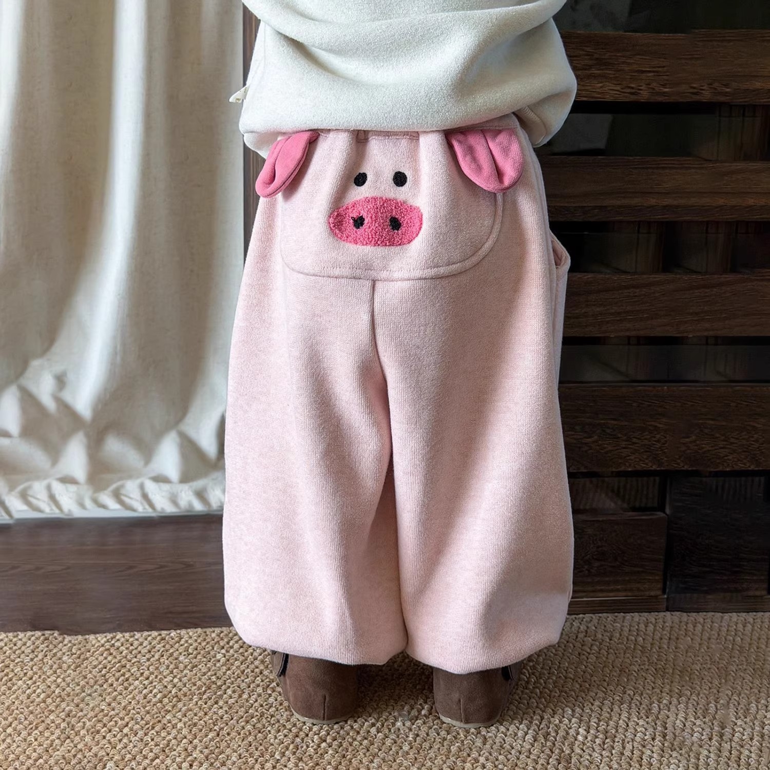 女童冬季粉色可爱小猪加绒裤子