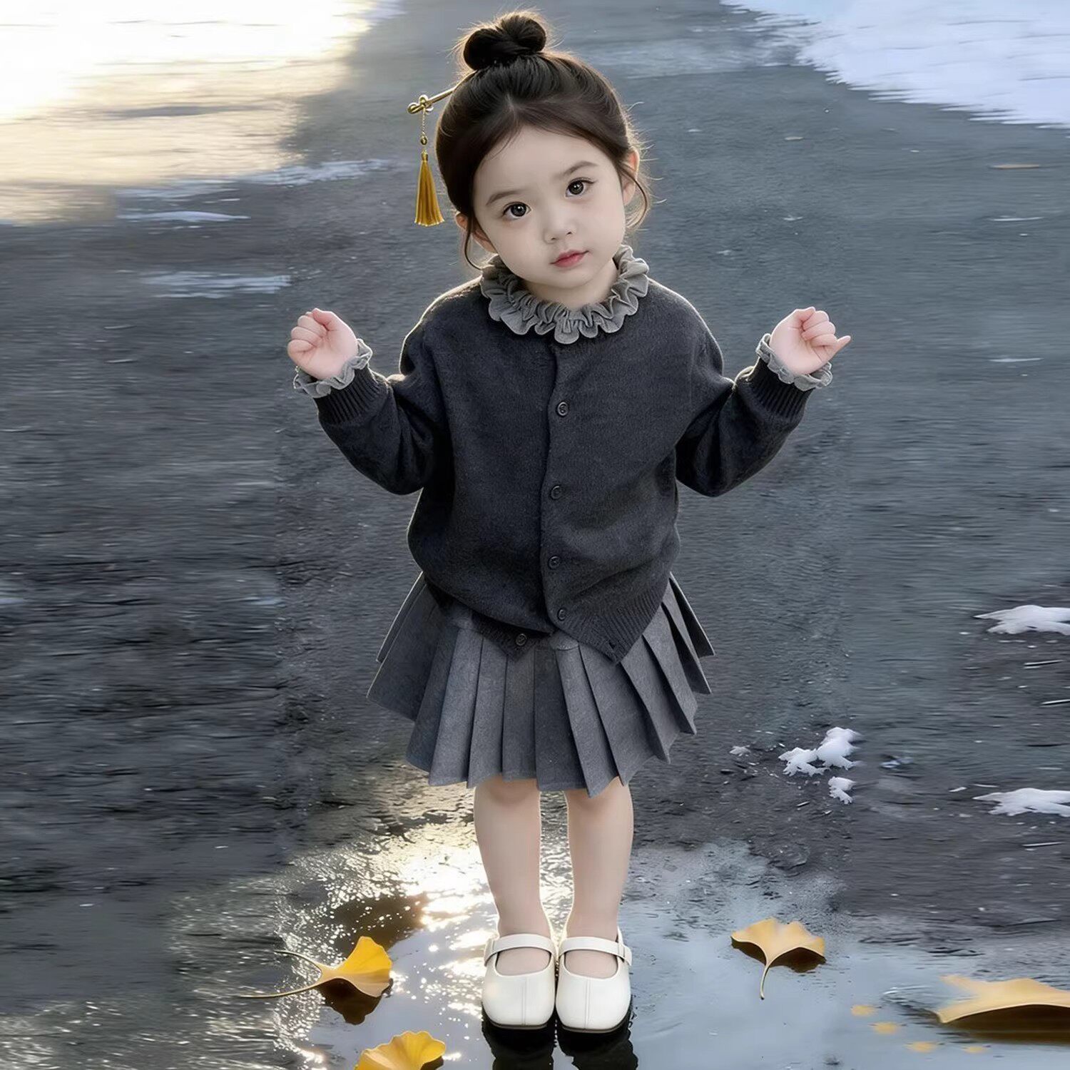 韩版女童春秋深灰色木耳花边毛衣