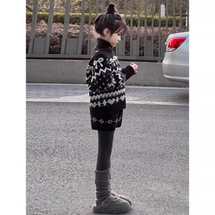 韩版女童2026春秋新款黑色费尔岛针织套装女孩高领毛衣短裤两件套