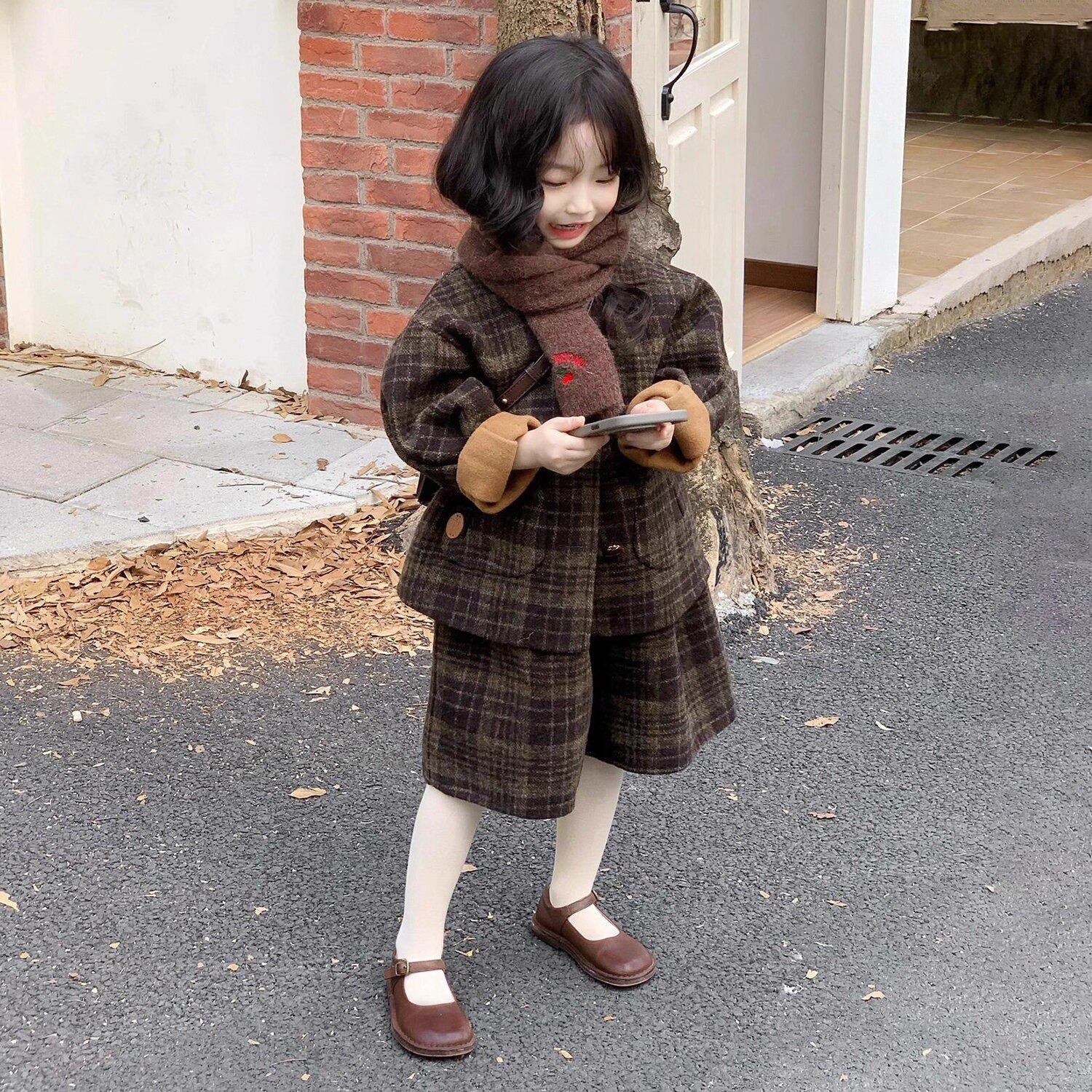 女童秋冬复古格纹毛呢夹棉外套