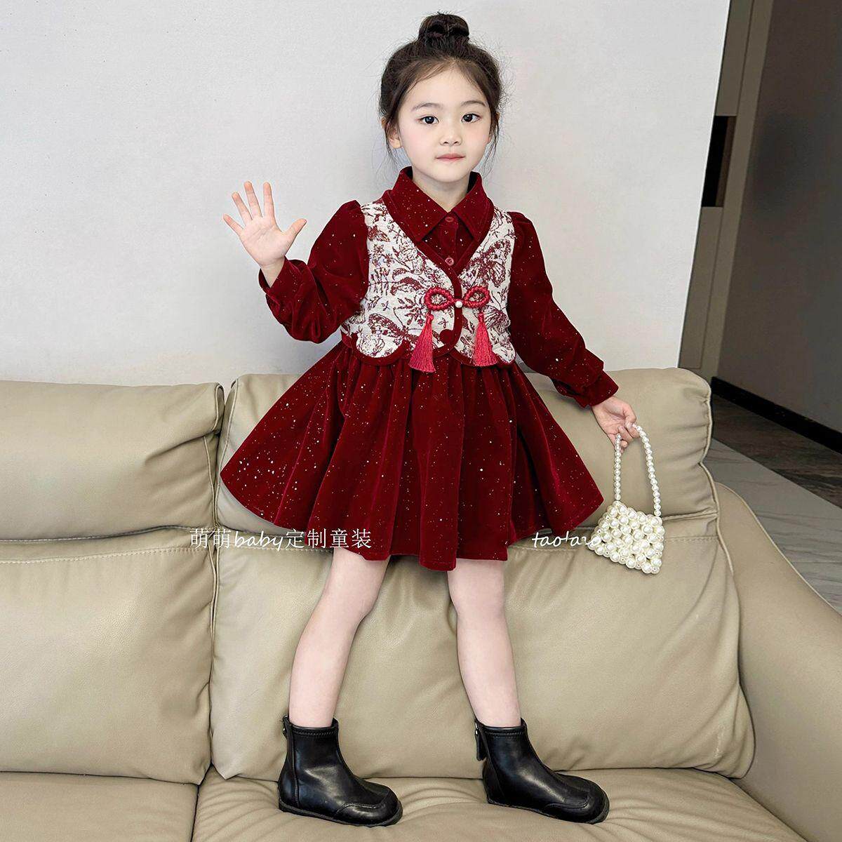 女童新年款红色蝴蝶提花丝绒连衣裙女童闪闪加绒polo领衬衫公主裙