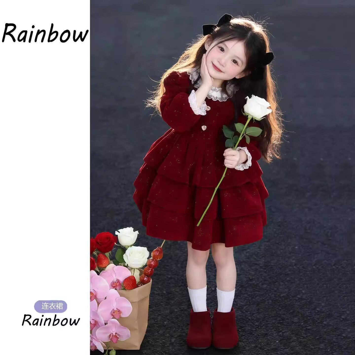 新年服装女童连衣裙冬装2026新款儿童百搭花边丝绒保暖喜庆公主裙