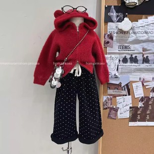 韩版女童2025秋冬新款红色耳朵水貂绒连帽毛衣外套女孩波点阔腿裤