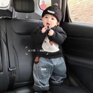 韩版男童2025秋冬新款黑色可爱企鹅针织毛衣儿童宝宝加厚动物上衣