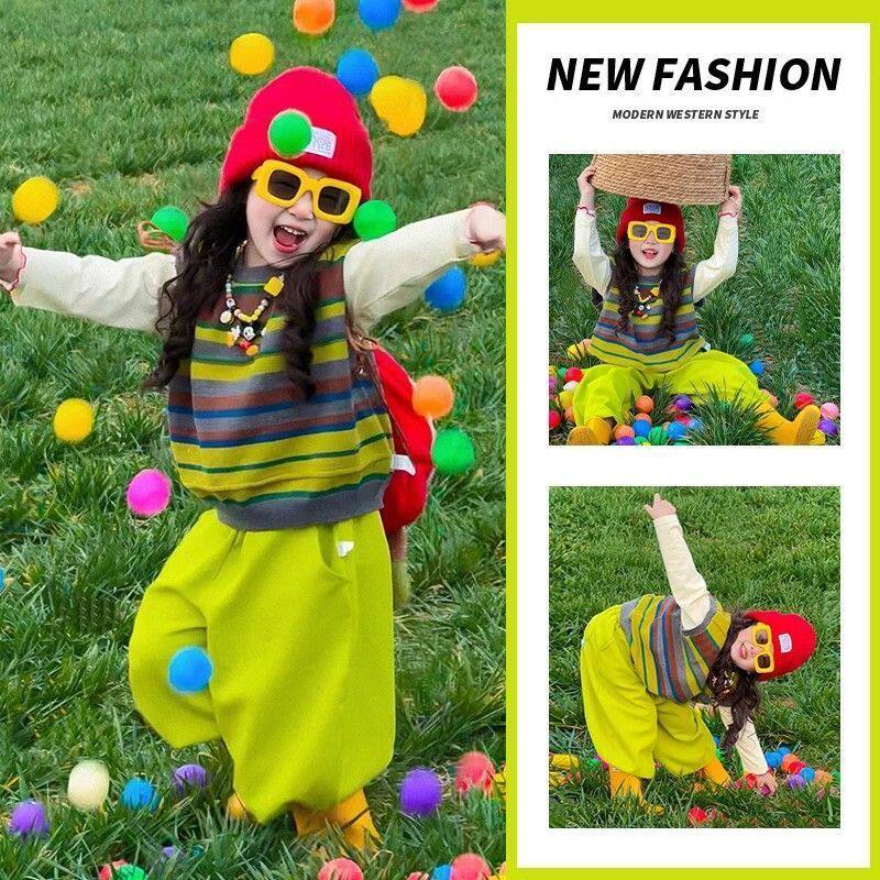 韩版童装2026春季新款三色条纹针织马甲背心男女童多巴胺绿色裤子