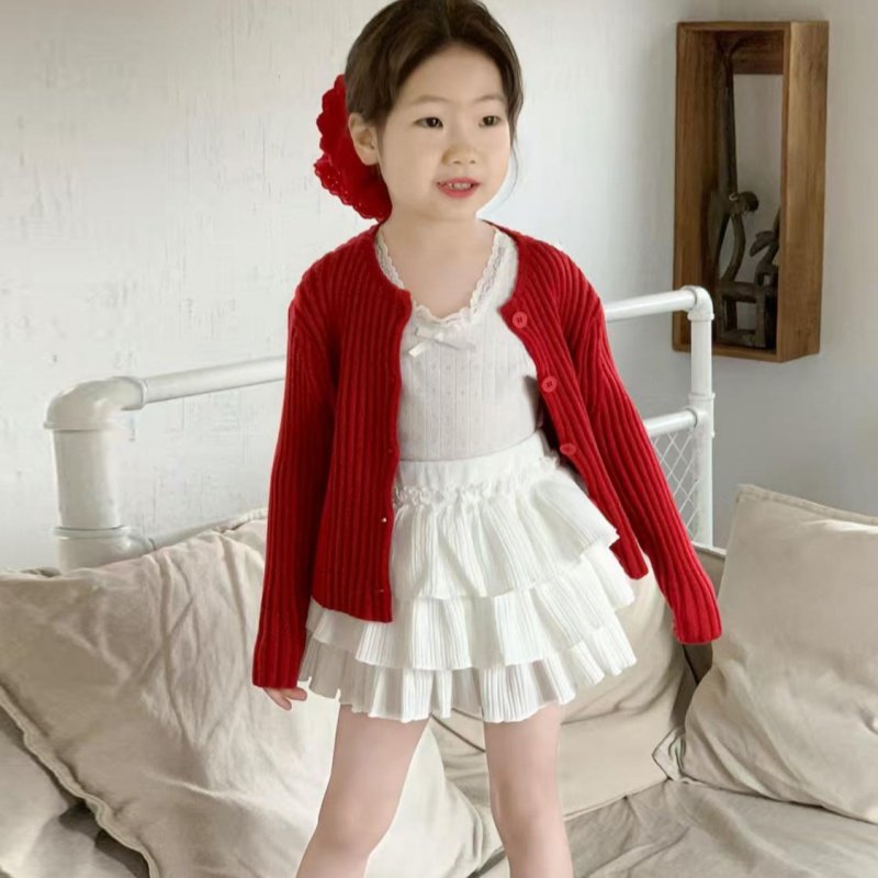 韩国童装2026春季新款红色坑条针织开衫女童白色蕾丝背心蛋糕裙潮