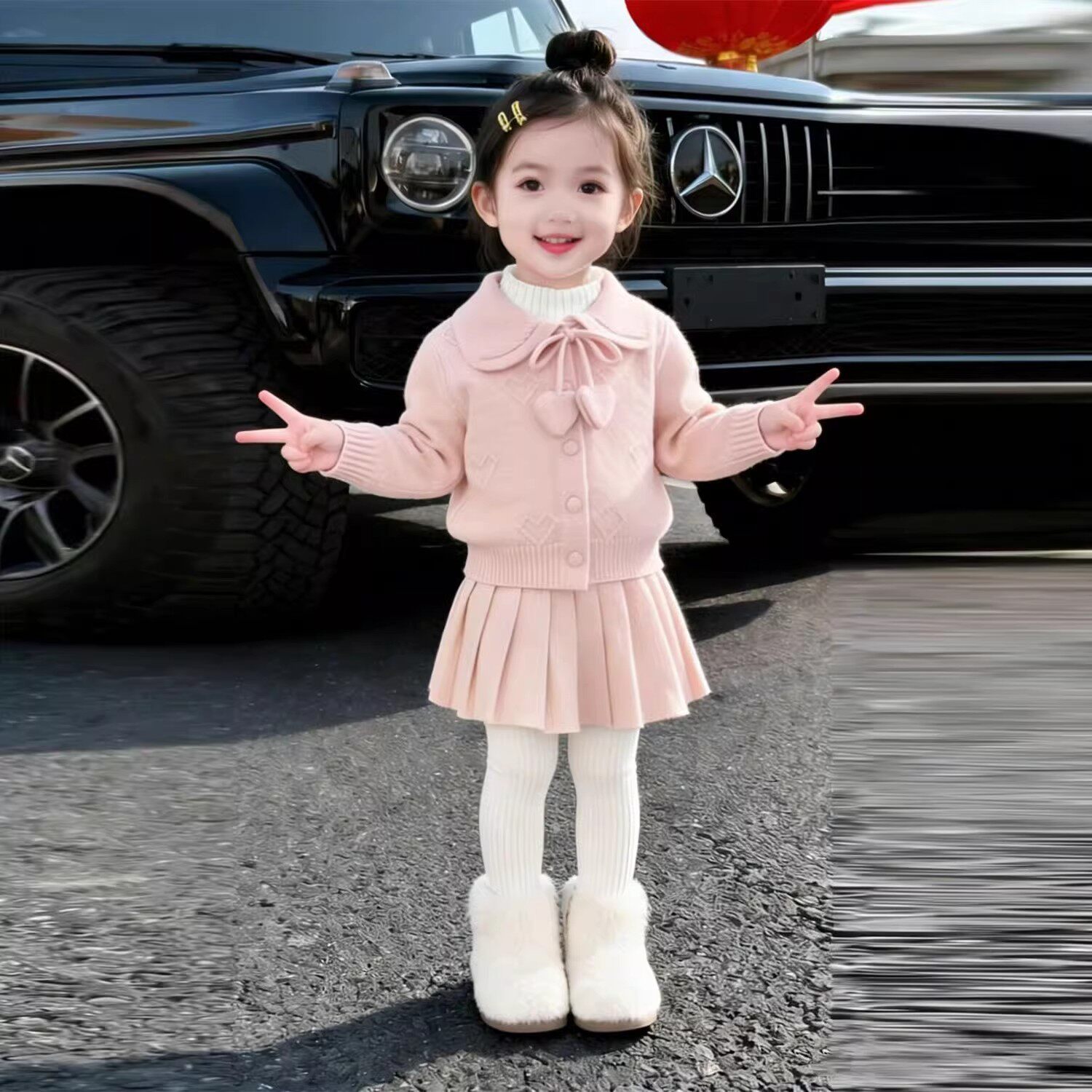 韩版女童2026春秋新款粉色针织套装小女孩爱心娃娃领毛衣百褶半裙