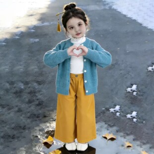 韩版女童2026春秋新款蓝色针织开衫儿童毛衣外套黄色休闲阔腿裤子