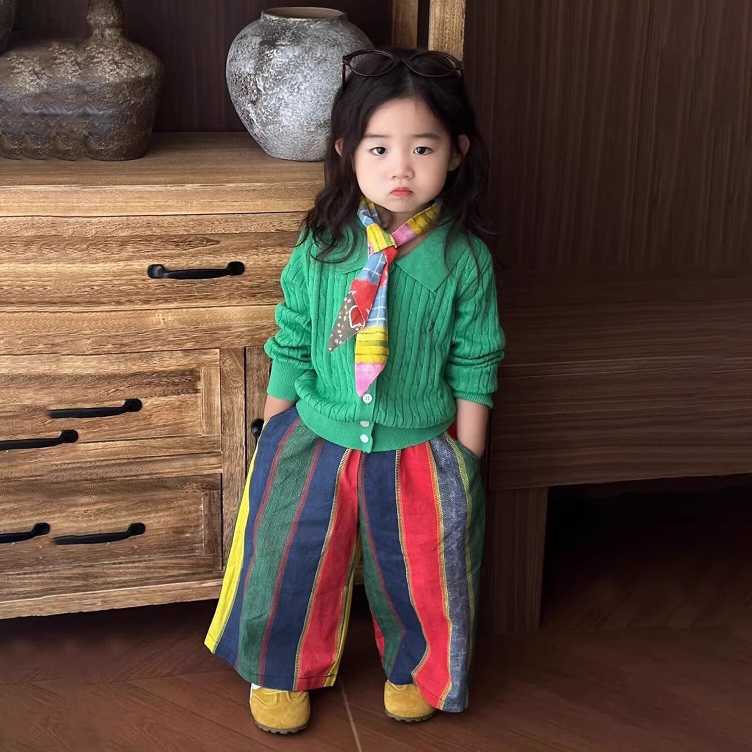 韩版女童2025秋季新款绿色刺绣麻花翻领针织开衫女孩竖条纹阔腿裤