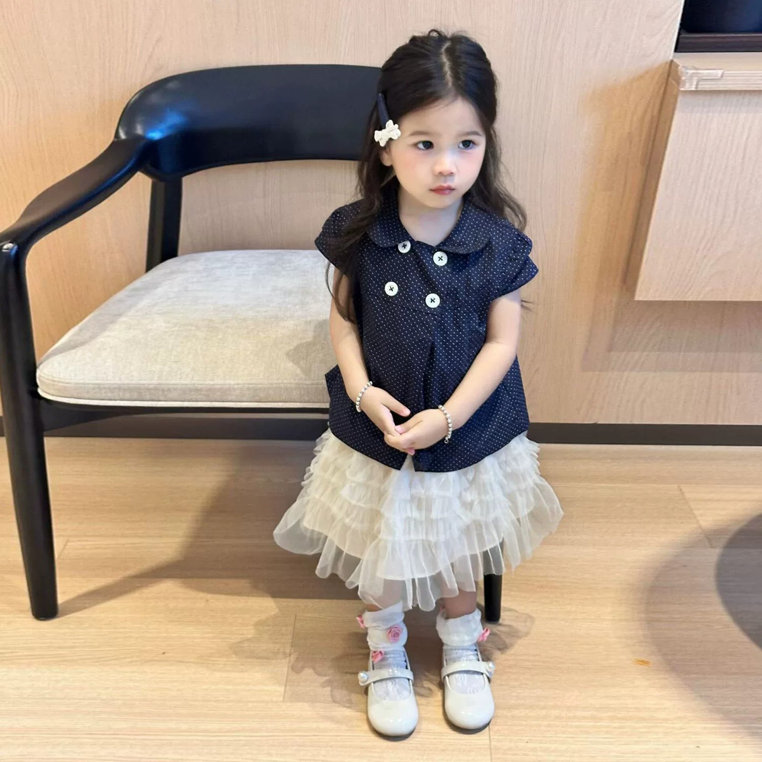 女童夏季甜美黑色波点网纱半身裙