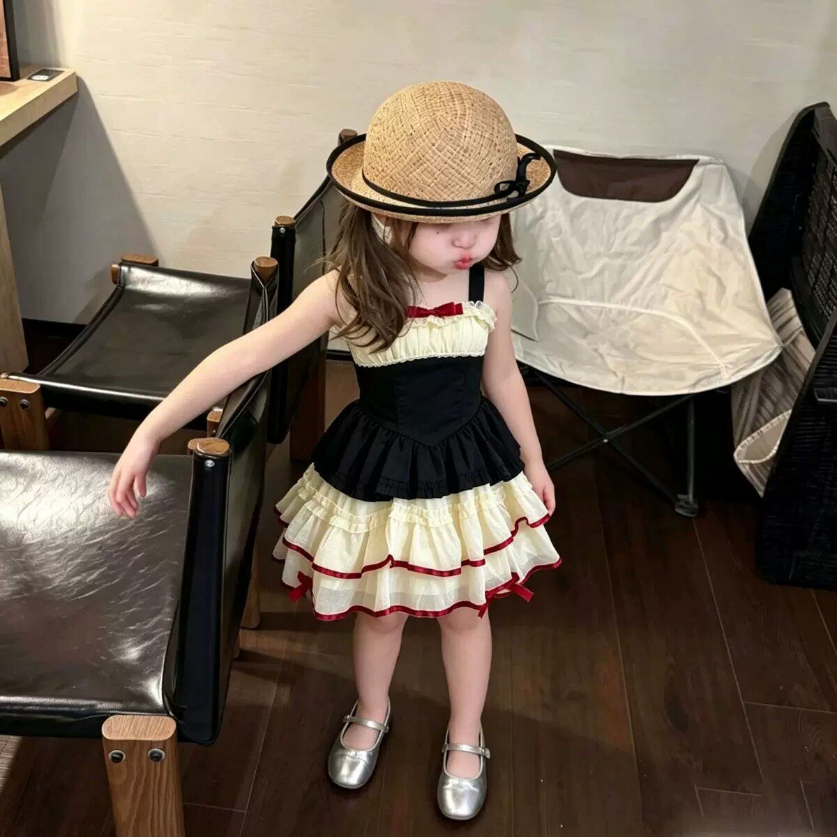 女童夏季千金风拼色蝴蝶结吊带裙