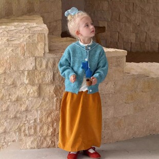 韩版女童2026春季新款蓝色针织开衫小女孩毛衣外套黄色直筒长裙子