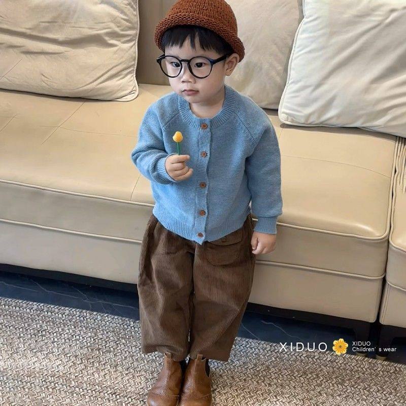 韩版男童2025秋季新款蓝色针织开衫儿童纯色外套咖色灯芯绒阔腿裤