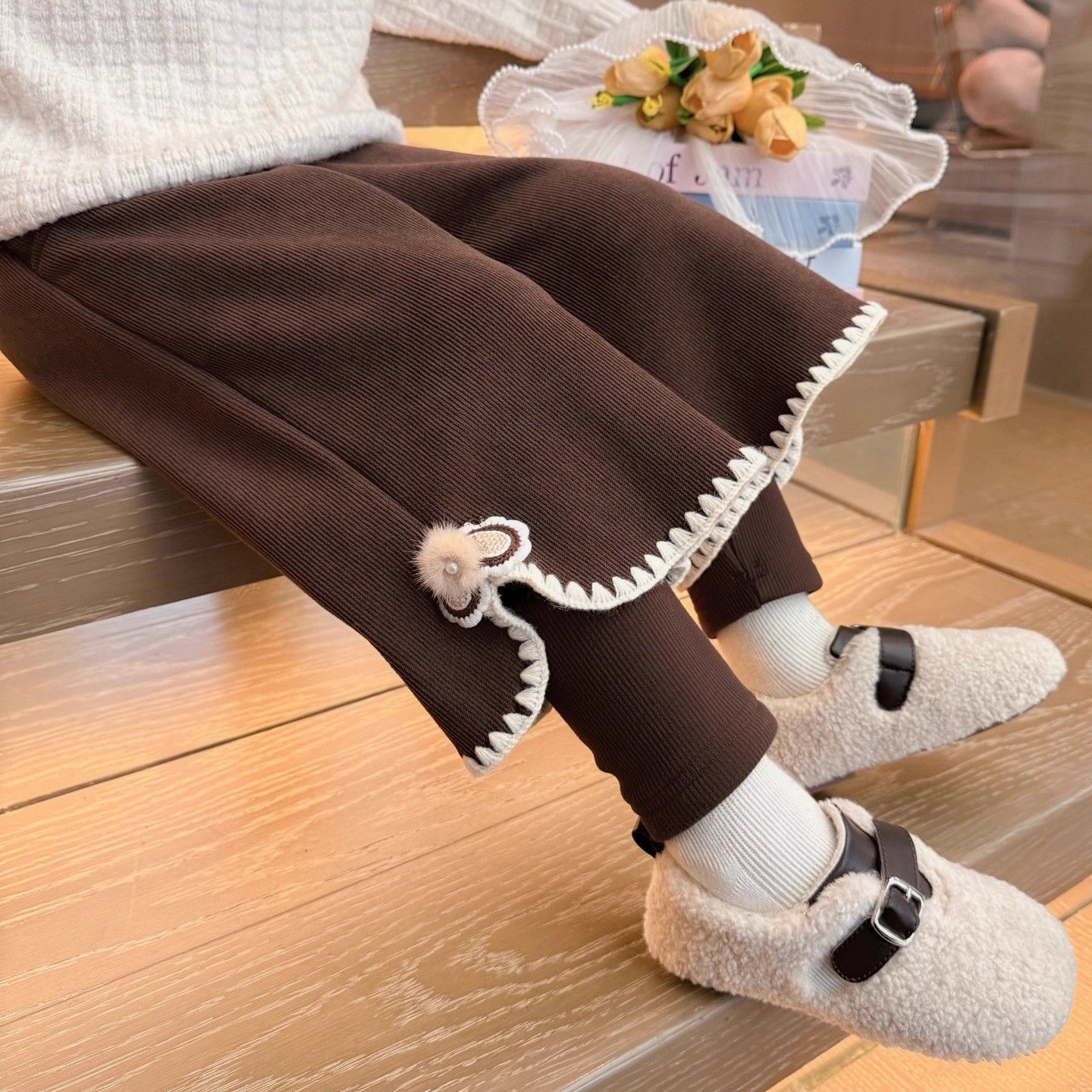 儿童秋冬加绒加厚双层假两件裤子