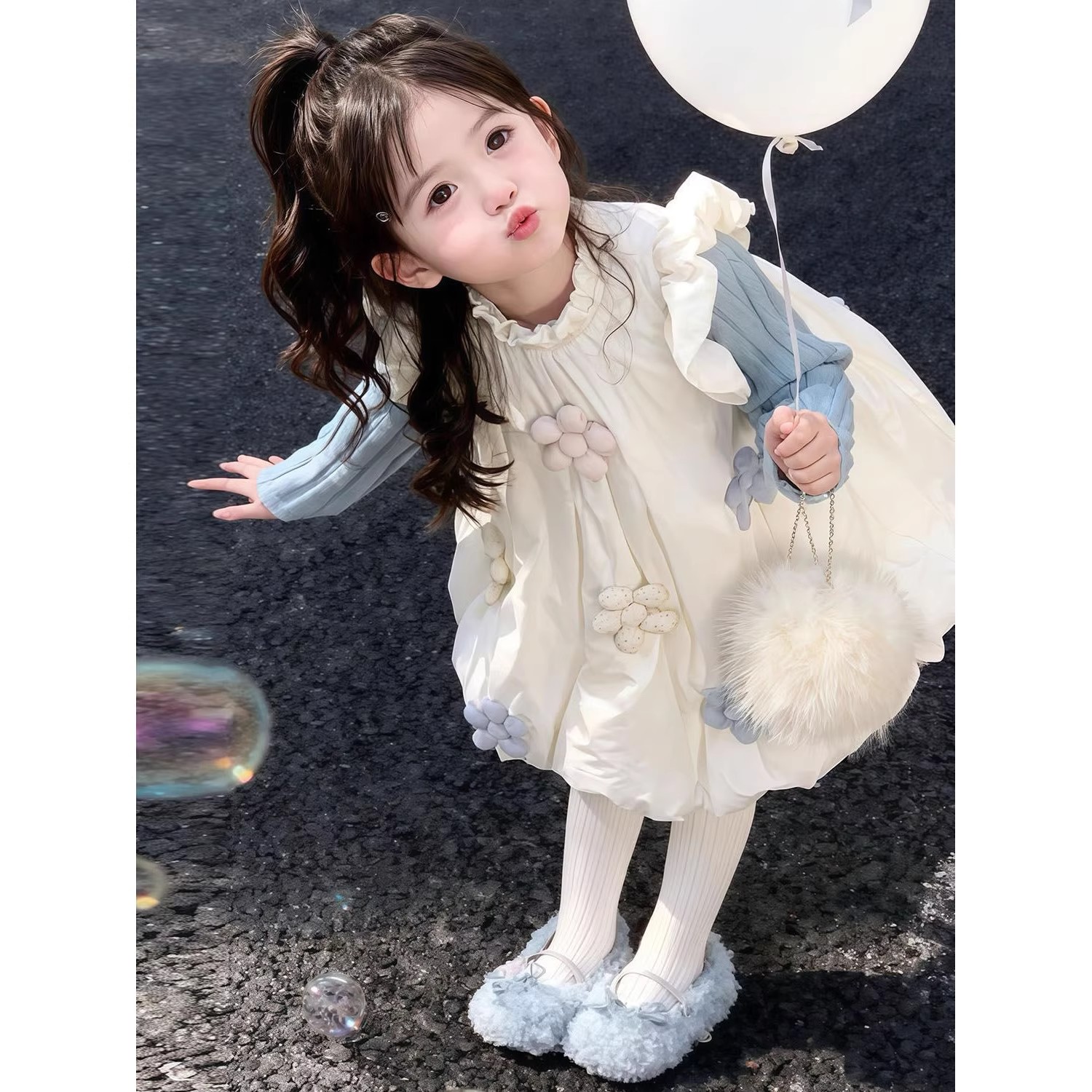 女童冬季白色立体花朵夹棉背心裙