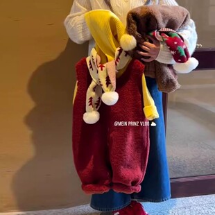 儿童冬季新年款红色羊羔绒背带连体裤男女童拜年服黄色精灵帽毛衣