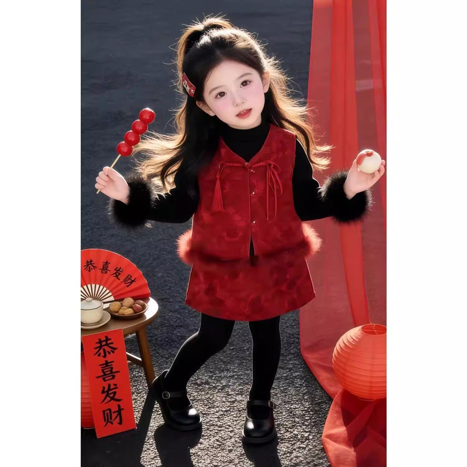 女童喜庆新年战袍套装红色提花鸵鸟毛旗袍马甲小女孩半身裙两件套,童装/婴儿装/亲子装,套装,淘宝优惠券,粉丝福利购,淘宝优惠卷