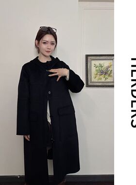 HERDERS 长款连帽纽扣款条纹双面呢外套 40093