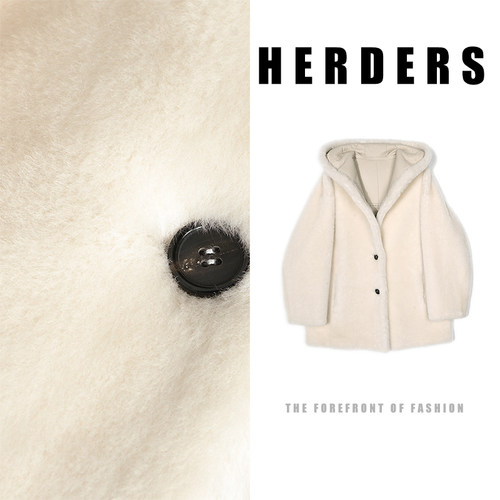 HERDERS “小软羊系列” 中长款连帽V领皮毛一体外套 52637