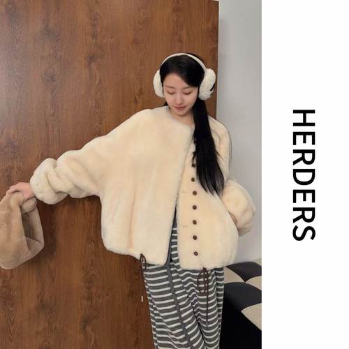 HERDERS （小软羊系列）多色短款圆领系带皮毛一体外套 40828