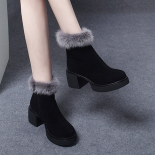 高跟粗跟羊皮短靴女靴加绒马丁靴 厚底毛毛鞋 靴子女2025新款 秋冬季
