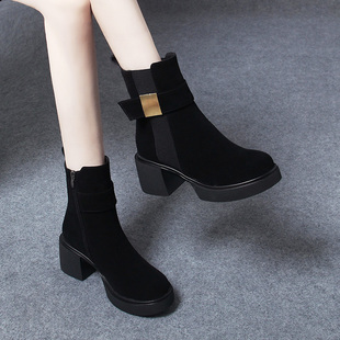 2025秋冬季新款厚底短靴高跟靴粗跟女靴子羊皮女鞋磨砂绒面马丁靴