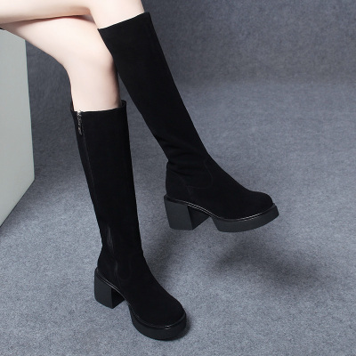 新款长筒靴女秋冬羊皮厚底长靴
