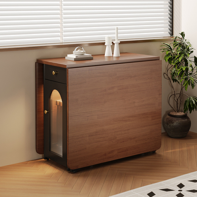 中古风实木折叠餐桌家用小户型法式复古可移动伸缩长方形隐形饭桌