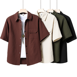 2025夏装港风青年短袖衬衫男休闲薄款水洗宽松休闲衬衣套装潮