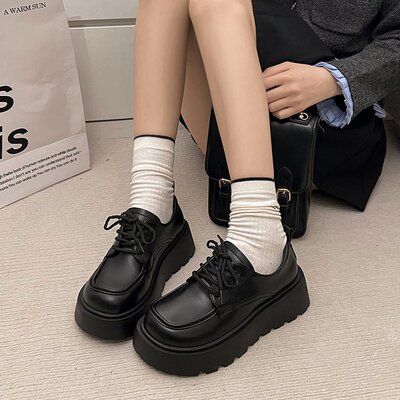 复古棕色英伦风小皮鞋女2025新款春秋百搭松糕厚底系带乐福单鞋子