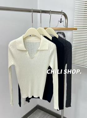 【英英Chili】polo领浅V韩系修身气质显瘦针织毛衣打底 10.07