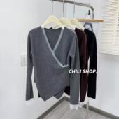 英英Chili 波点欧根纱边韩系V领交叉感100全羊毛针织毛衣01.15