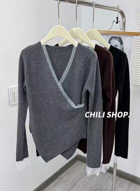 【英英Chili】波点欧根纱边韩系V领交叉感100全羊毛针织毛衣01.15