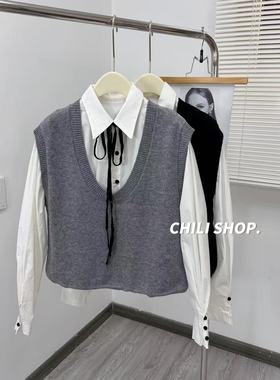 【英英Chili】韩系假两件衬衫U领马甲100全羊毛针织毛衣 12.25
