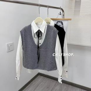 U领马甲100全羊毛针织毛衣 韩系假两件衬衫 12.25 英英Chili