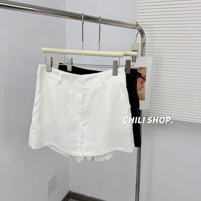 【英英Chili】韩系简约风设计休闲百搭纯色亚麻短裙裤 06.25