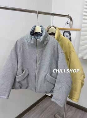 【英英Chili】两穿韩系立领简约格纹90白鹅绒羽绒服PH 12.15